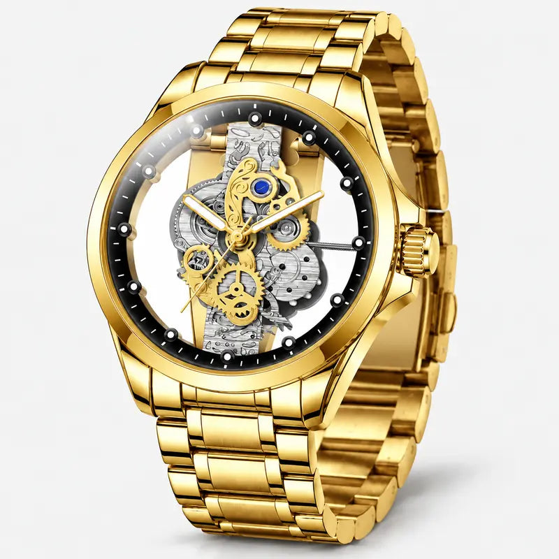 ⌚✨ Men’s Luxury Skeleton Watch – Gold Gear Detail & Timeless Mechanical Style