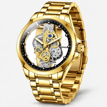 ⌚✨ Men’s Luxury Skeleton Watch – Gold Gear Detail & Timeless Mechanical Style