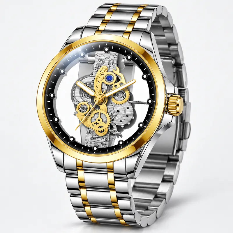 ⌚✨ Men’s Luxury Skeleton Watch – Gold Gear Detail & Timeless Mechanical Style
