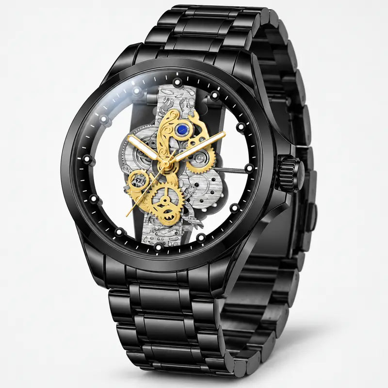 ⌚✨ Men’s Luxury Skeleton Watch – Gold Gear Detail & Timeless Mechanical Style