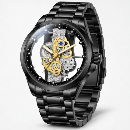 ⌚✨ Men’s Luxury Skeleton Watch – Gold Gear Detail & Timeless Mechanical Style