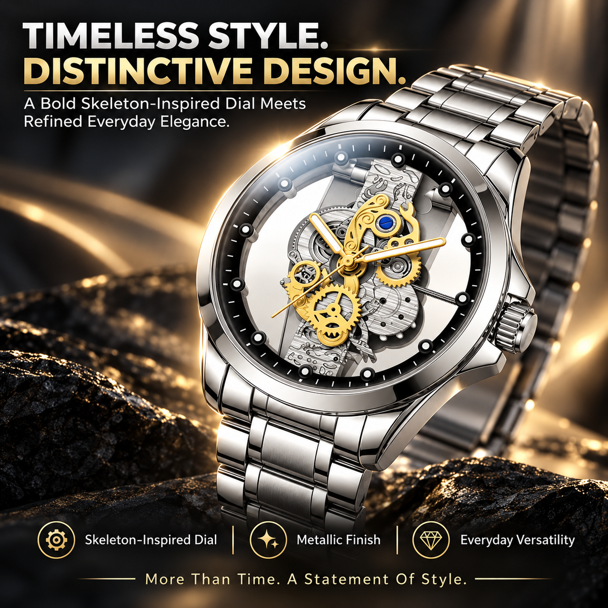 ⌚✨ Men’s Luxury Skeleton Watch – Gold Gear Detail & Timeless Mechanical Style
