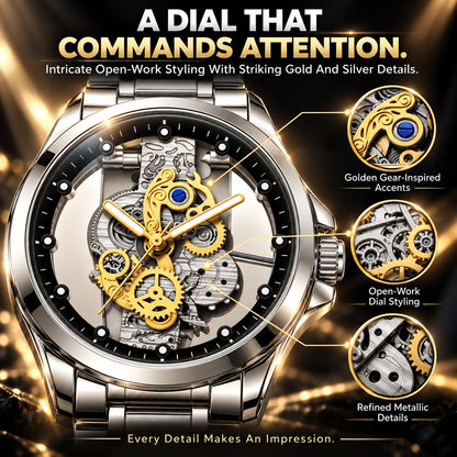 ⌚✨ Men’s Luxury Skeleton Watch – Gold Gear Detail & Timeless Mechanical Style