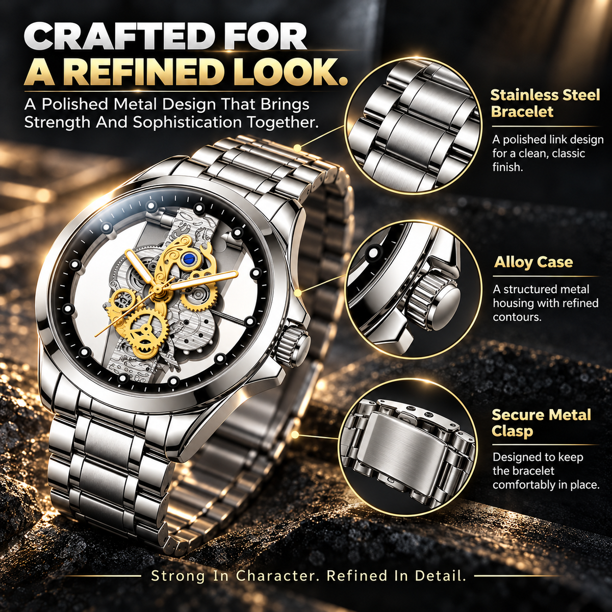 ⌚✨ Men’s Luxury Skeleton Watch – Gold Gear Detail & Timeless Mechanical Style