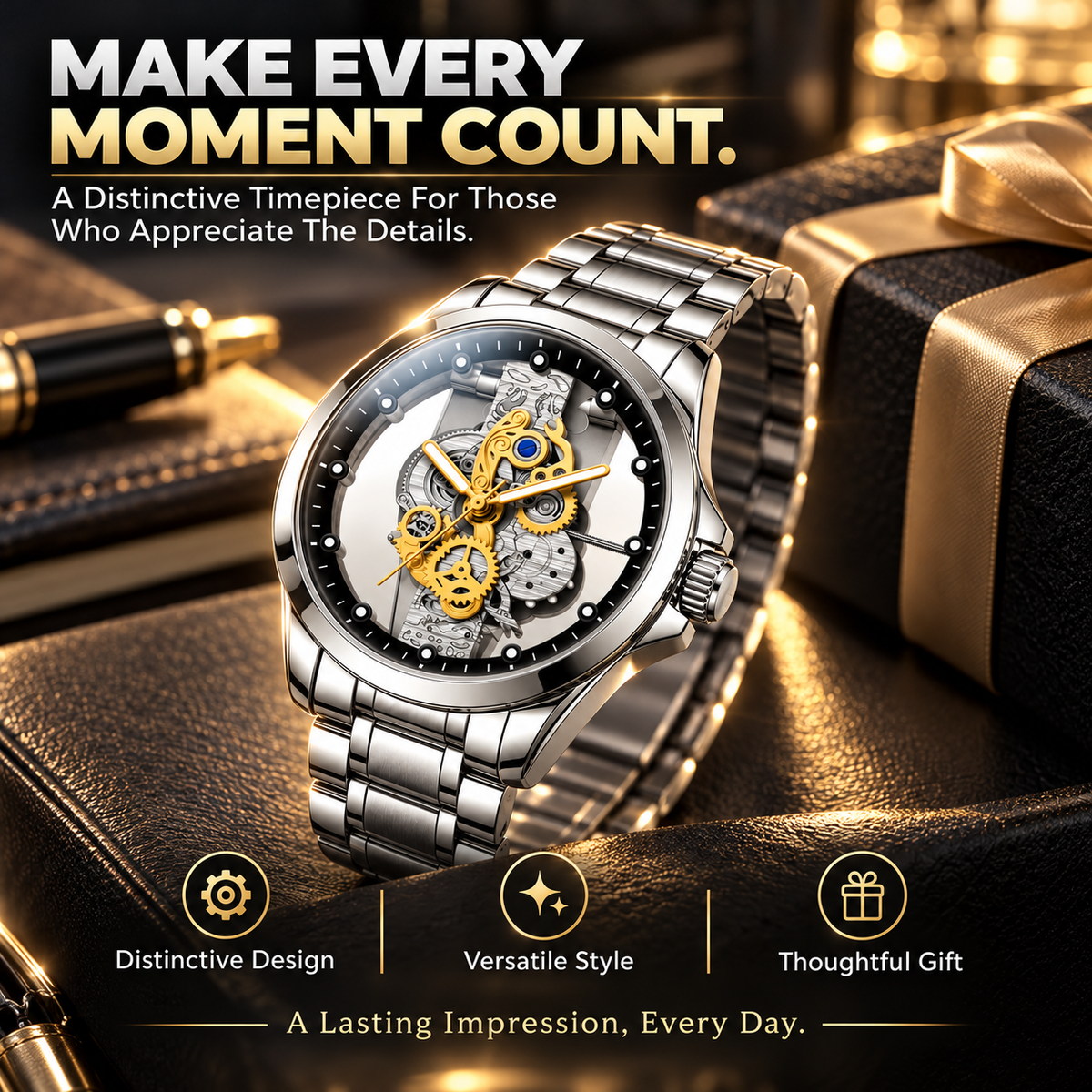 ⌚✨ Men’s Luxury Skeleton Watch – Gold Gear Detail & Timeless Mechanical Style