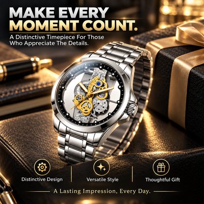 ⌚✨ Men’s Luxury Skeleton Watch – Gold Gear Detail & Timeless Mechanical Style