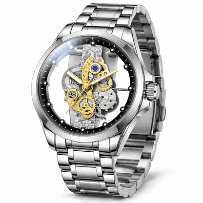 ⌚✨ Men’s Luxury Skeleton Watch – Gold Gear Detail & Timeless Mechanical Style