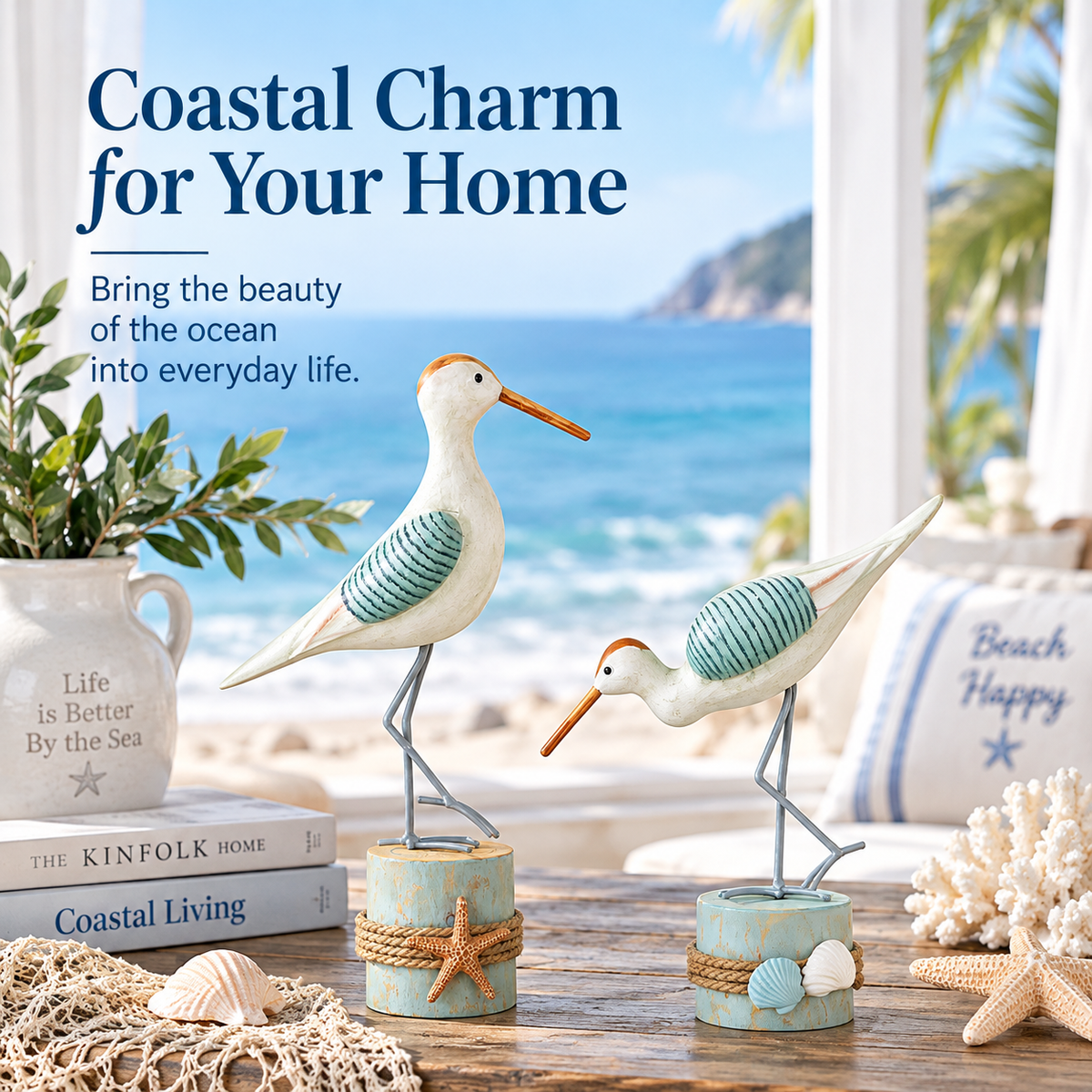 🌊 Coastal Shorebird Wooden Figurines – Rustic Beach House Decor