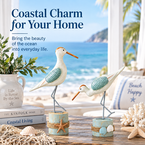 🌊 Coastal Shorebird Wooden Figurines – Rustic Beach House Decor
