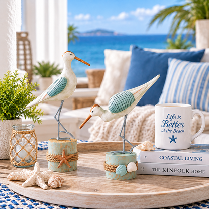 🌊 Coastal Shorebird Wooden Figurines – Rustic Beach House Decor