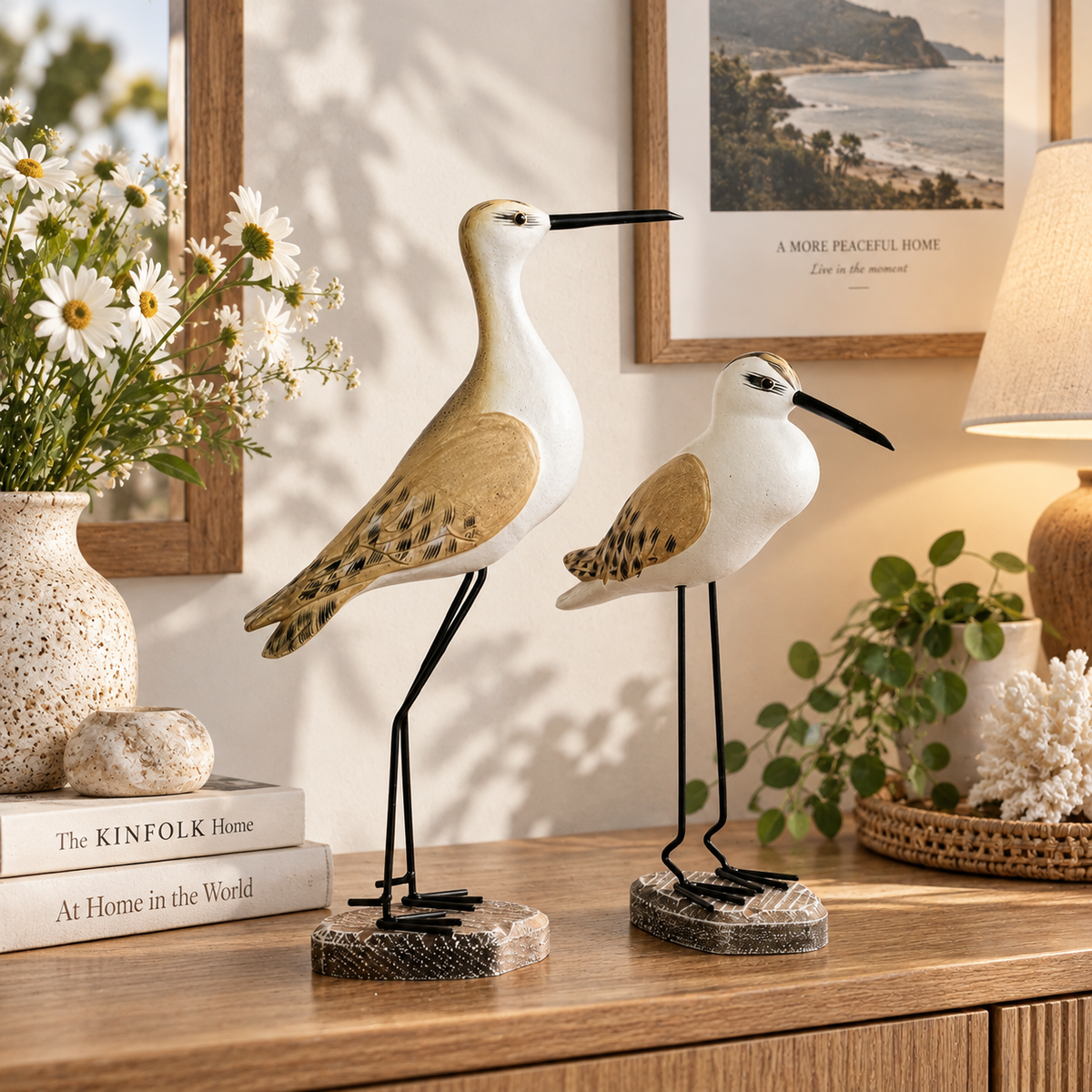 🌊 Coastal Shorebird Wooden Figurines – Rustic Beach House Decor