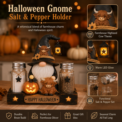 🎃 Glowing Halloween Gnome Salt & Pepper Holder Set – Includes 2 Glass Shakers