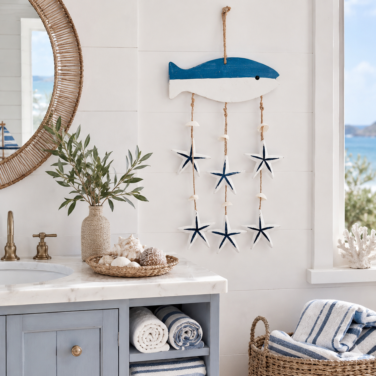 Blue and white lighted nautical wall hanging with rope and coastal ornaments