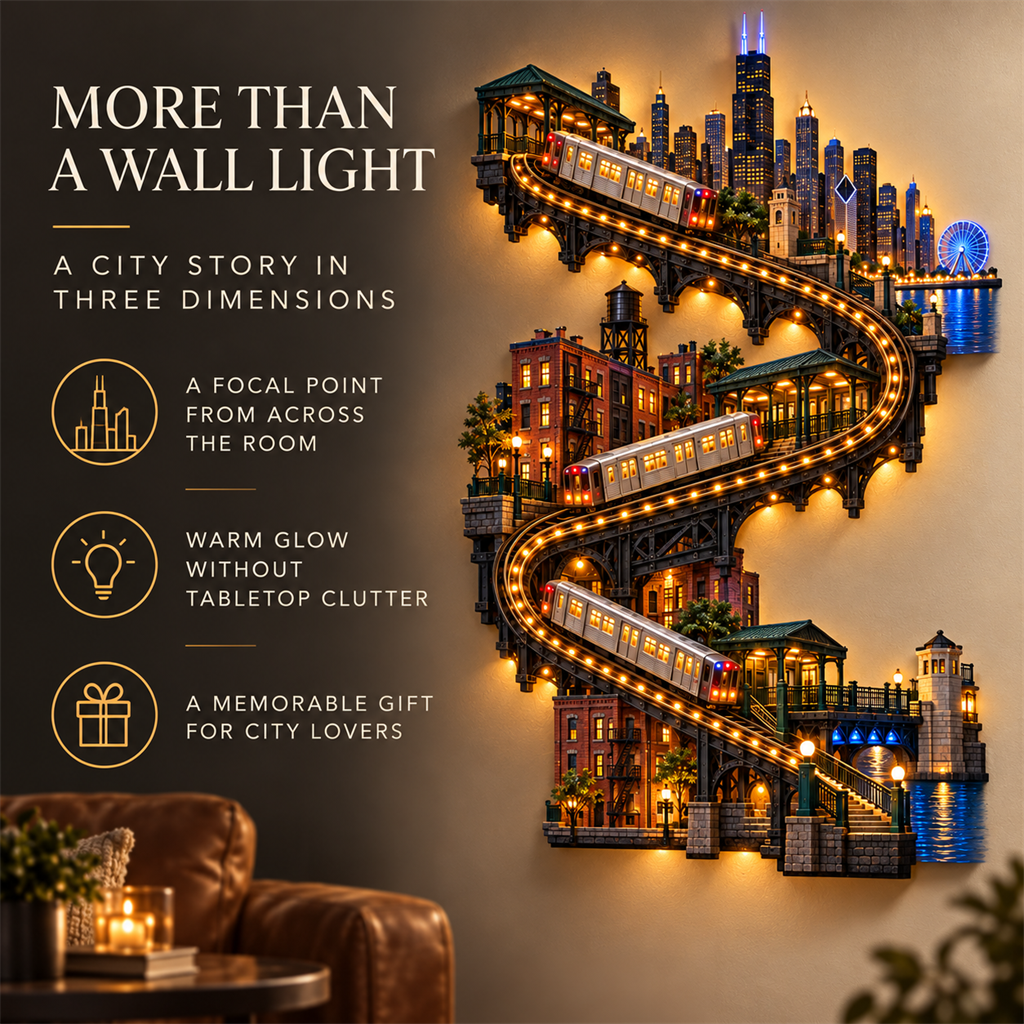 American City Transit Trail Light – Illuminated 3D Skyline Wall Décor
