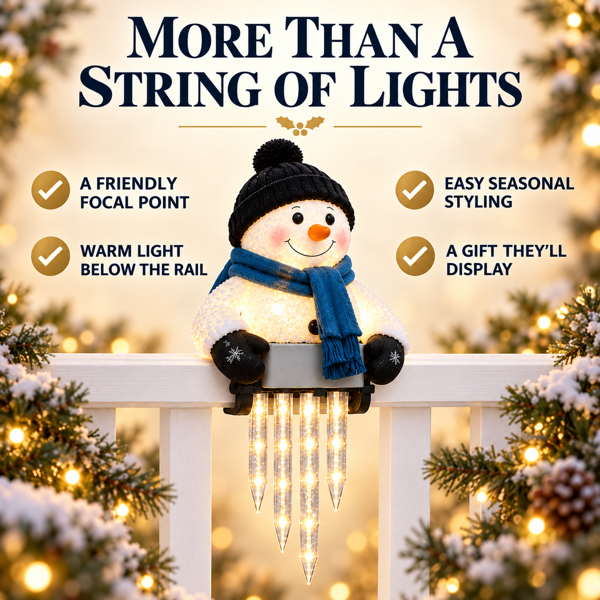 Visual comparison showing the benefits of a snowman focal point with hanging icicle lights