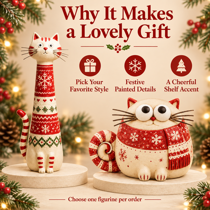 🎄 Whimsical Christmas Cat Figurines – Tall & Chubby Holiday Decor 🐱