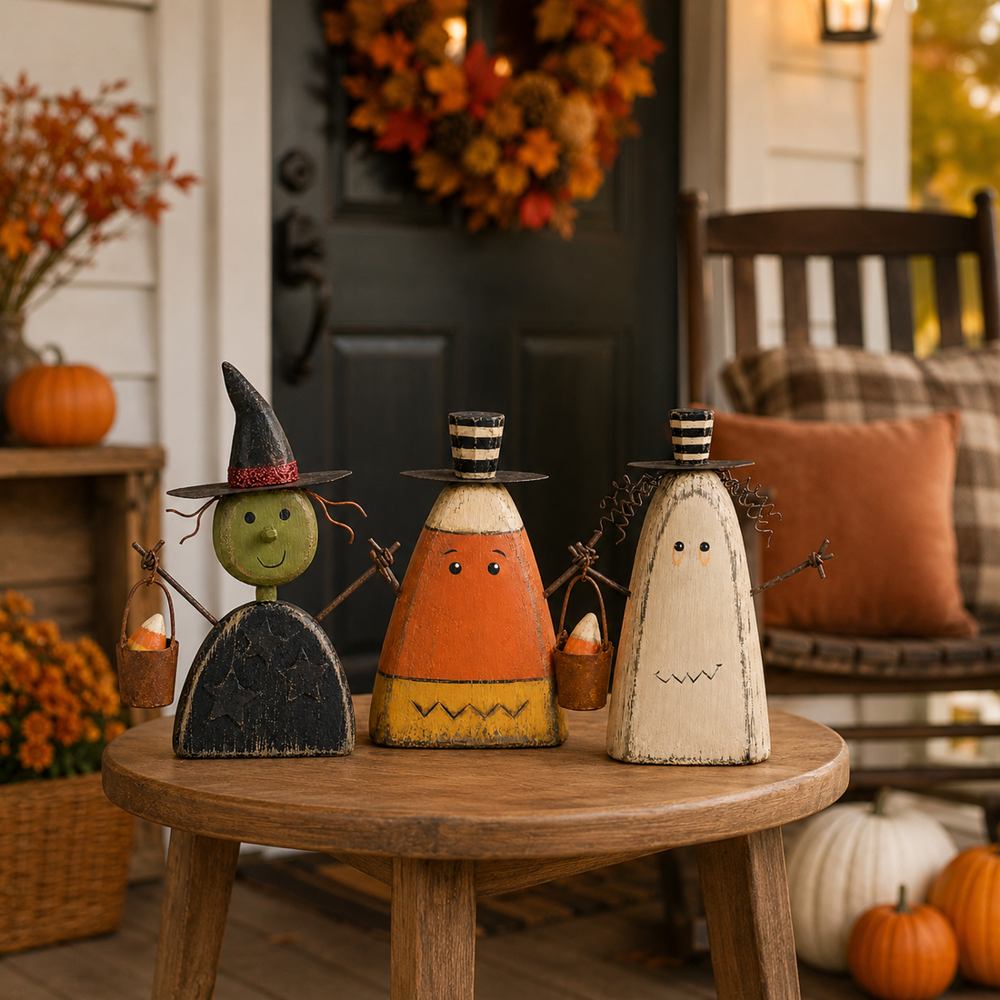 Detail view of a character from the primitive Halloween figurine set