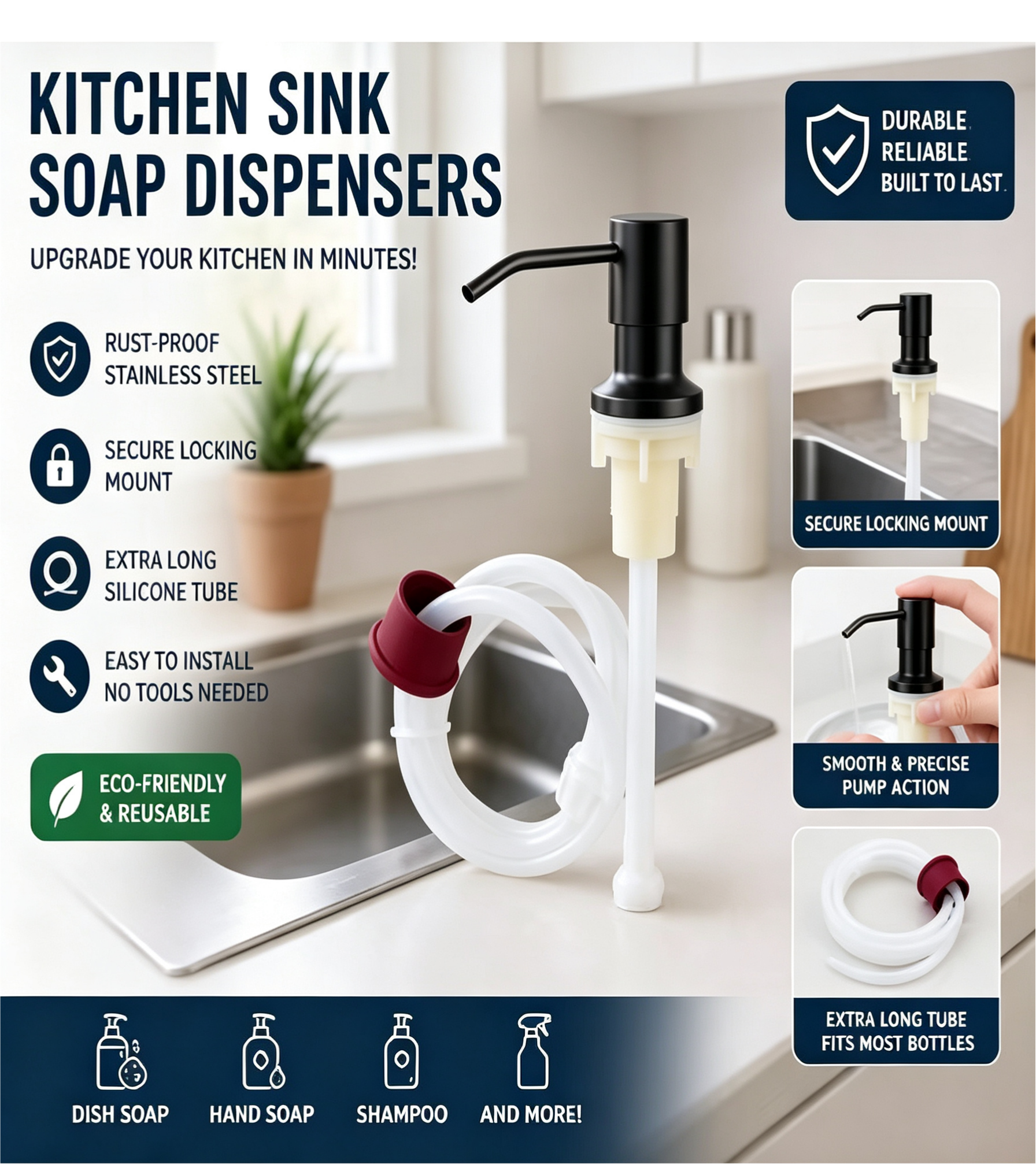✨ Kitchen Sink Soap Dispenser | 1M Silicone Extension Tube, Rust‑Proof Stainless Steel
