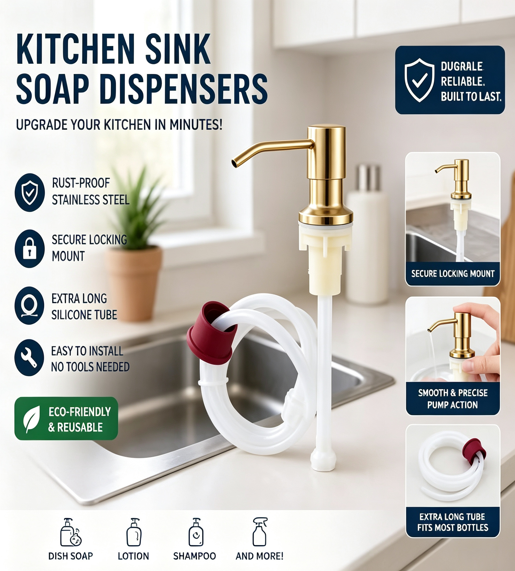 ✨ Kitchen Sink Soap Dispenser | 1M Silicone Extension Tube, Rust‑Proof Stainless Steel