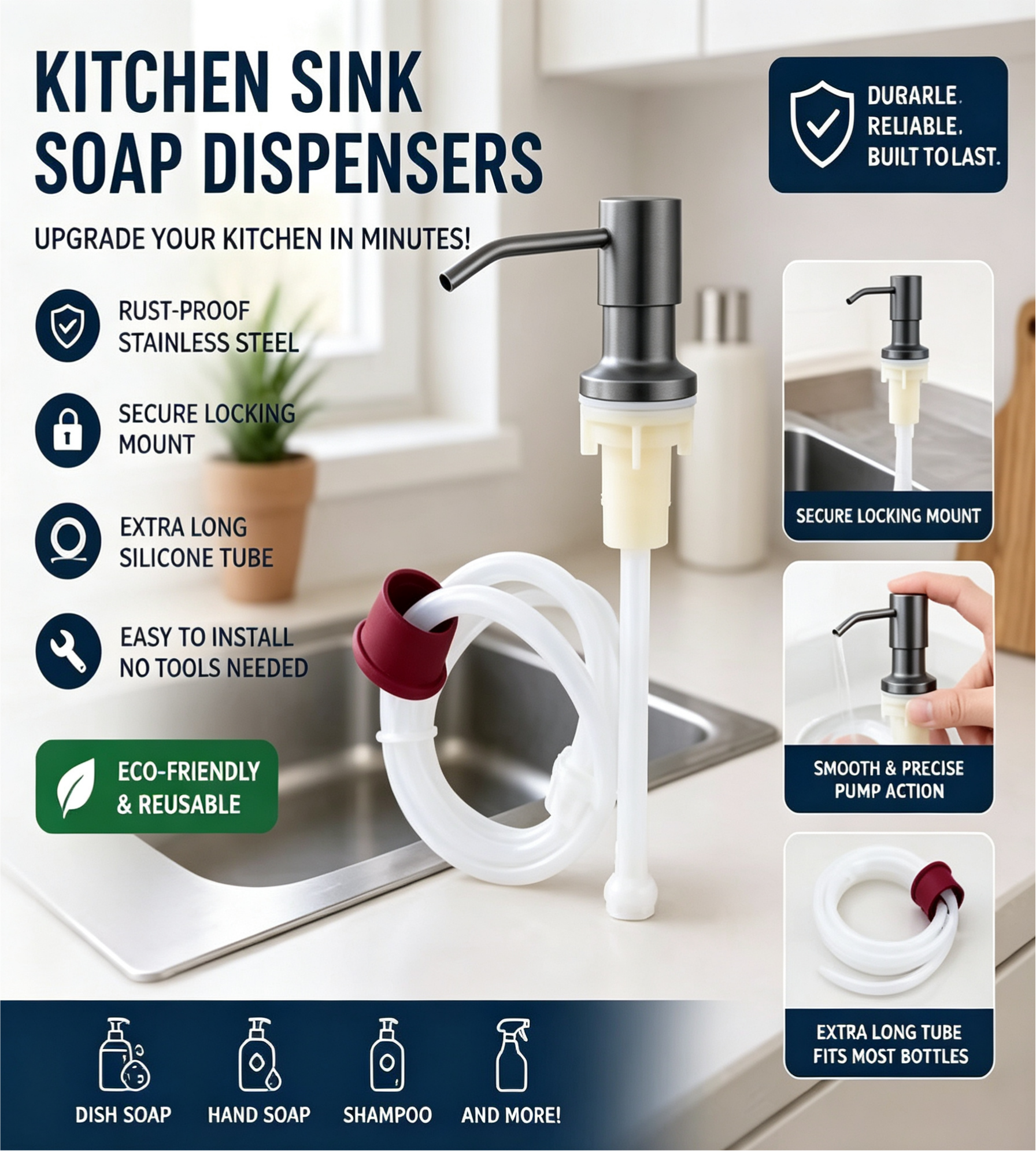 ✨ Kitchen Sink Soap Dispenser | 1M Silicone Extension Tube, Rust‑Proof Stainless Steel