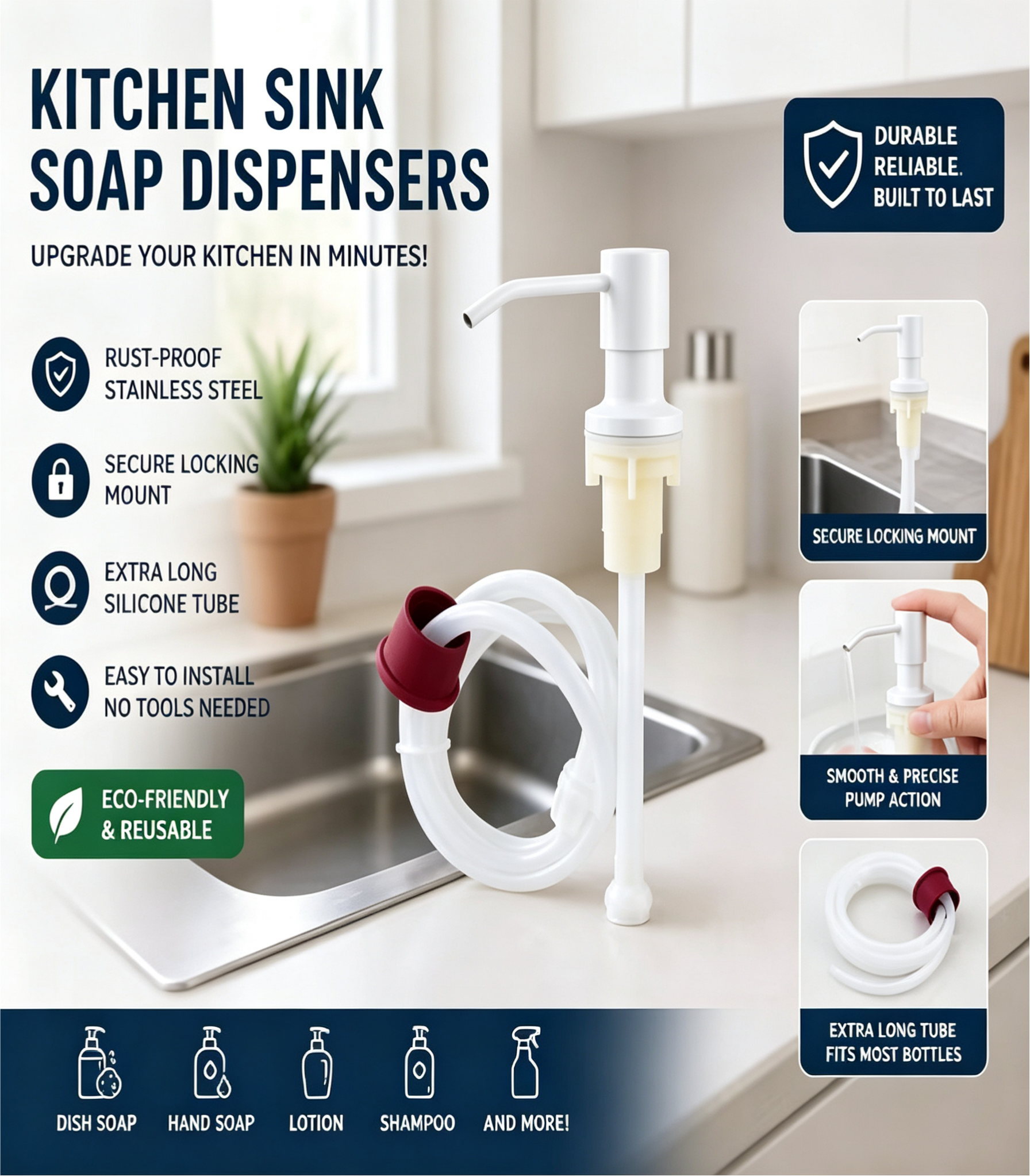 ✨ Kitchen Sink Soap Dispenser | 1M Silicone Extension Tube, Rust‑Proof Stainless Steel