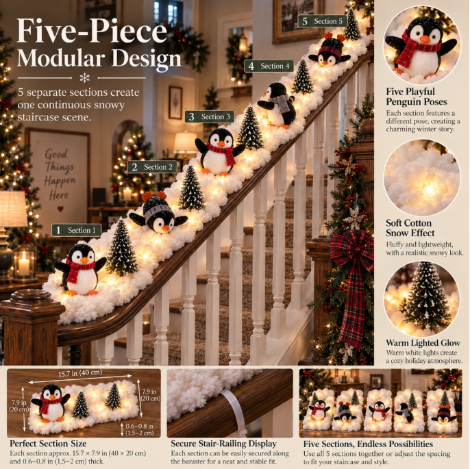 🐧 Penguin Christmas Stair Decor –❄️ Cozy Snowy Holiday Accent for Your Home