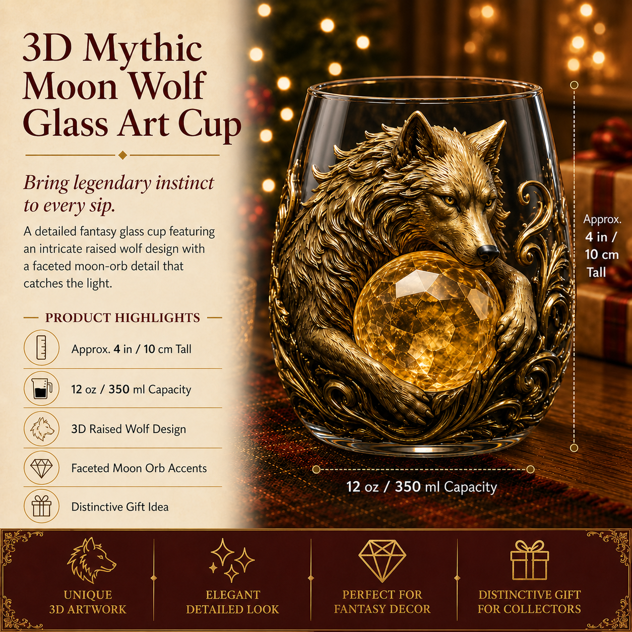 🐺🌙 3D Mythic Moon Wolf Glass Art Cup | Luxury Raised Fantasy Glassware for Whiskey, Home Bar Décor & Legendary Gifts 🎁