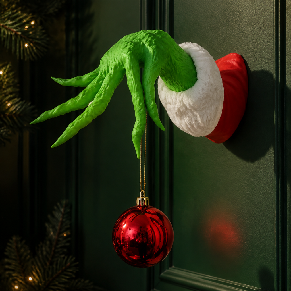 Holiday mischief hand wall hanger holding a red Christmas ornament in a warmly decorated room