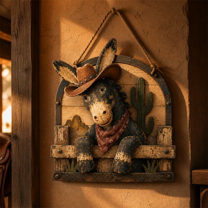 🫏🌵 Rustic Cowboy Donkey Wall Hanging – Western Farmhouse Décor & Country Keepsake