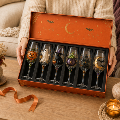 🎃✨ Enchanted Halloween Wine Glass Collection – 6-Piece 3D Spooky Gift Box Set