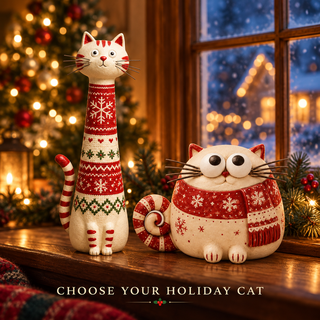 🎄 Whimsical Christmas Cat Figurines – Tall & Chubby Holiday Decor 🐱