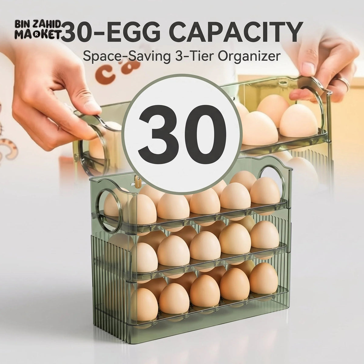 🥚 30-Egg Fridge Keeper – Clear Stackable Storage Tray with Protective Lid, Green
