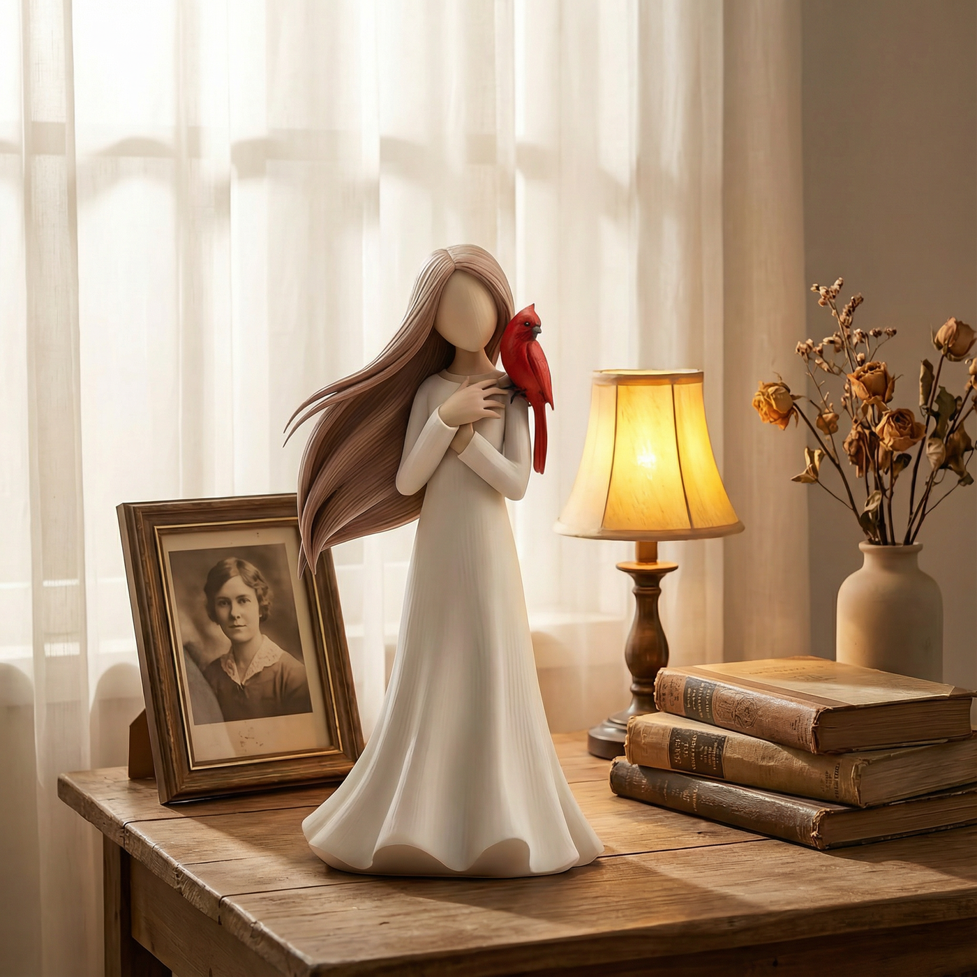 Faceless woman in a flowing white dress holding a red cardinal remembrance figurine