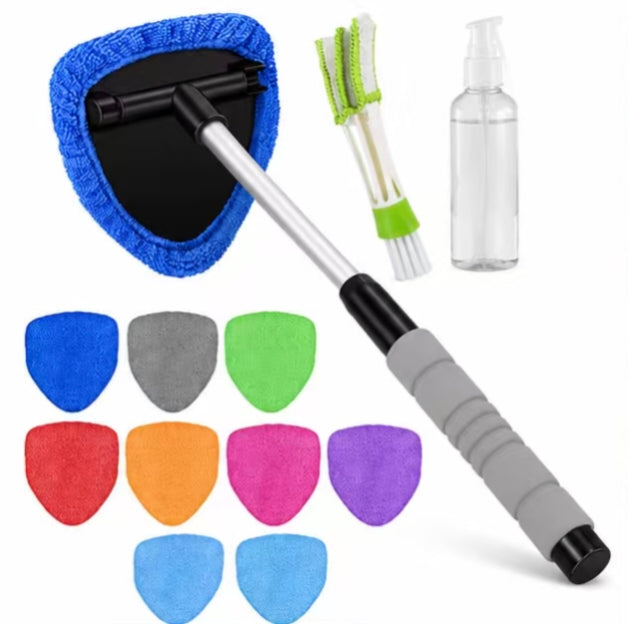 180° Swivel Windshield Cleaner 🚘 – Long-Reach Kit with 6 Pads, Brush & Spray Bottle