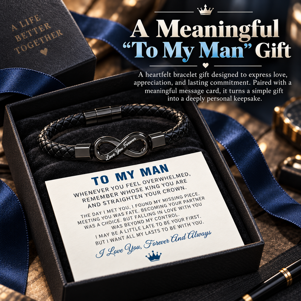 🖤 Men’s Braided Infinity Bracelet – Engraved Forever Love Gift for Him