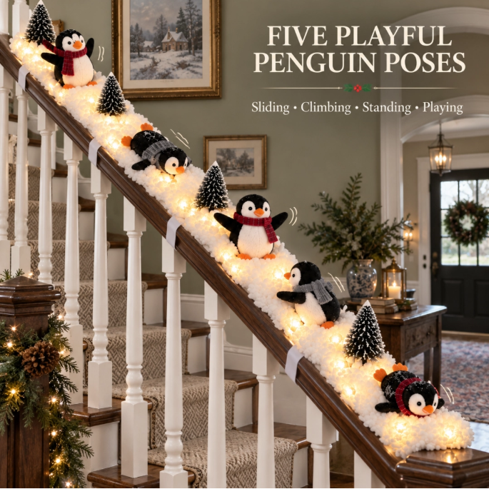🐧 Penguin Christmas Stair Decor –❄️ Cozy Snowy Holiday Accent for Your Home
