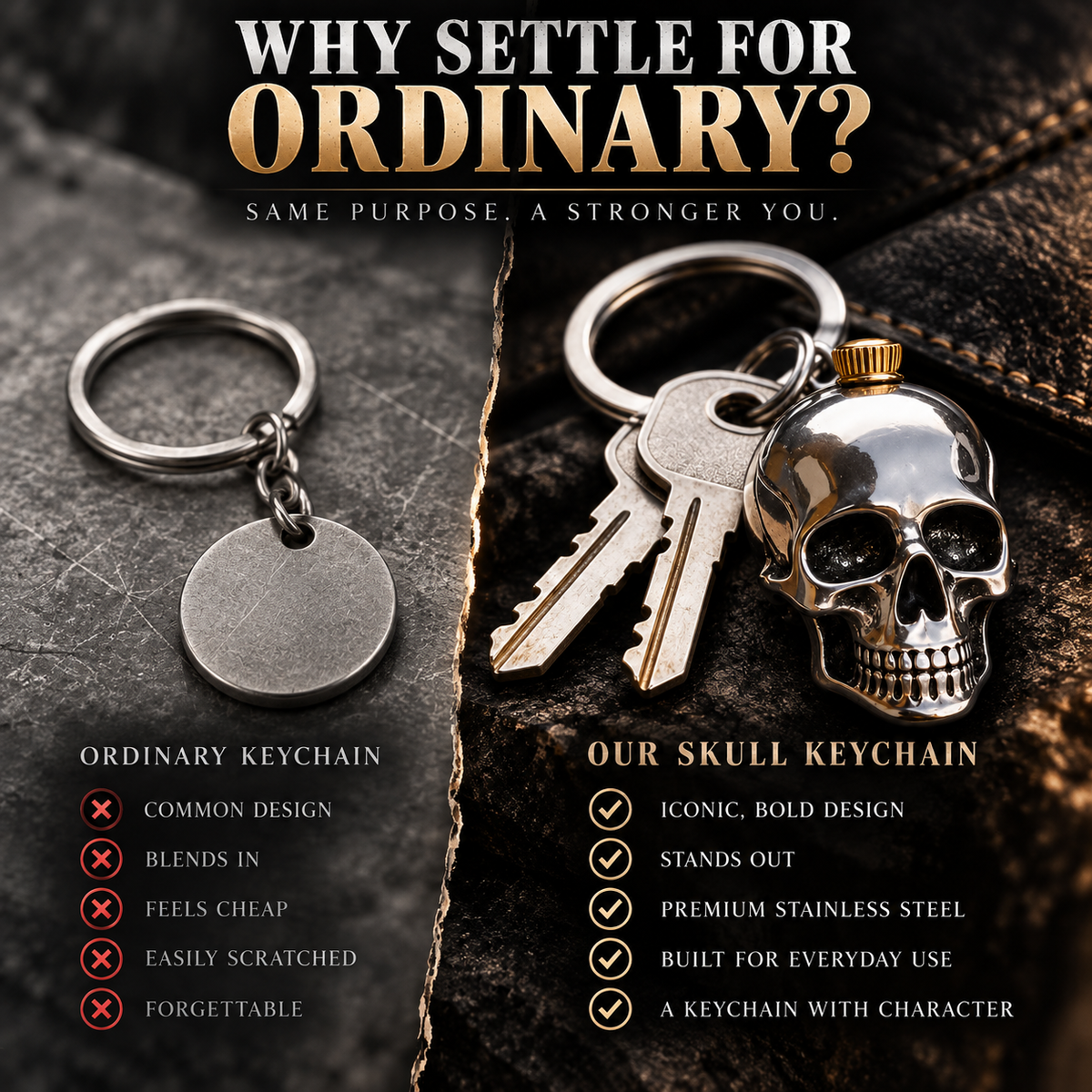 💀 Rugged Stainless Steel Skull Keychain – Bold Gothic EDC Accessory for Motorcycle Riders and Biker Gifts