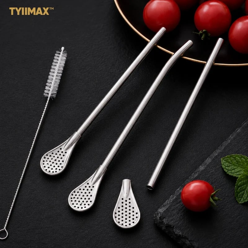 2-in-1 Stainless Steel Straw Spoons 🥄 – 2 Straws & 2 Cleaning Brushes
