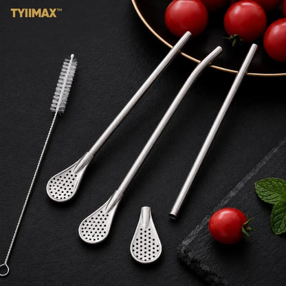 2-in-1 Stainless Steel Straw Spoons 🥄 – 2 Straws & 2 Cleaning Brushes