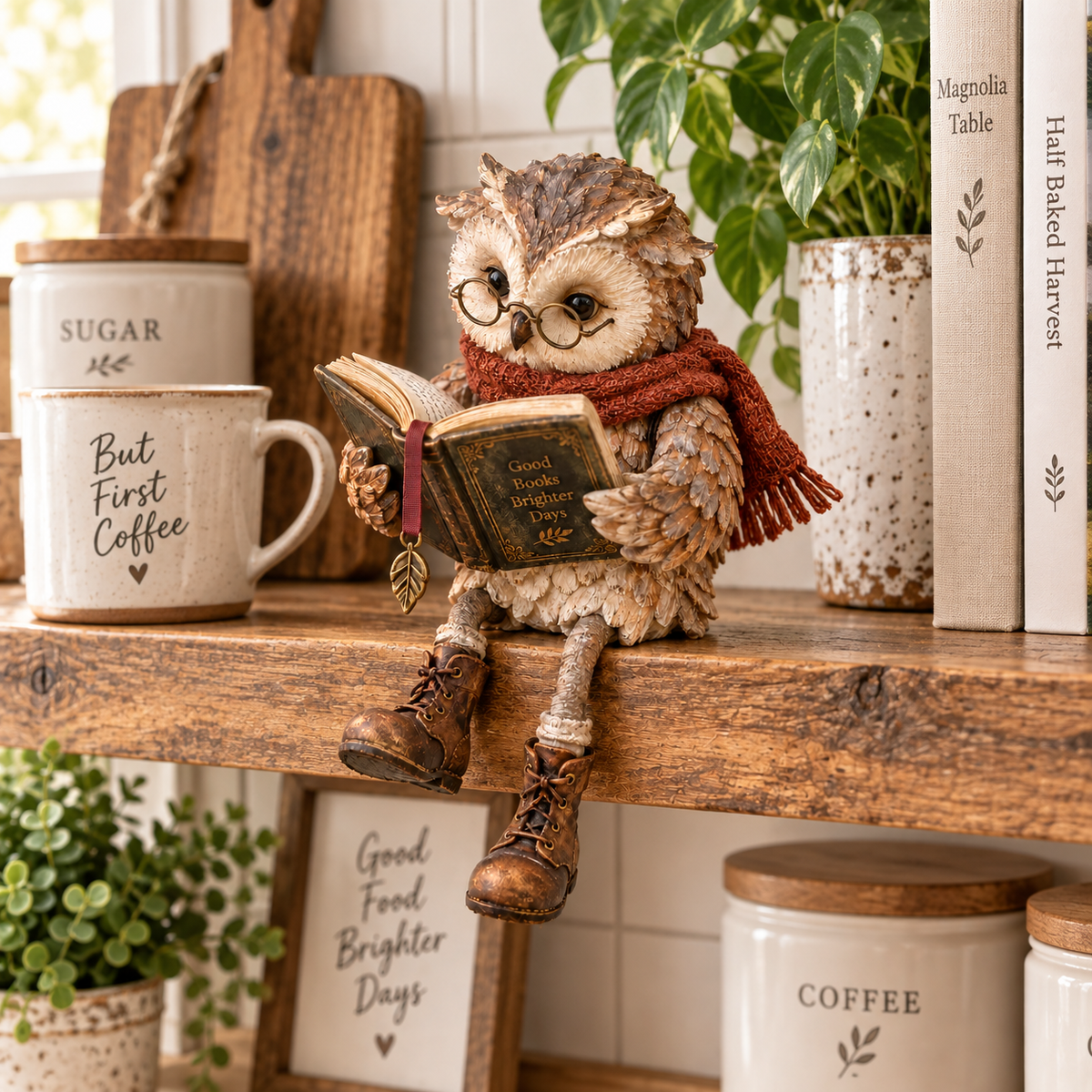 Reading Owl Figurine seated on a farmhouse shelf with its boots hanging over the edge