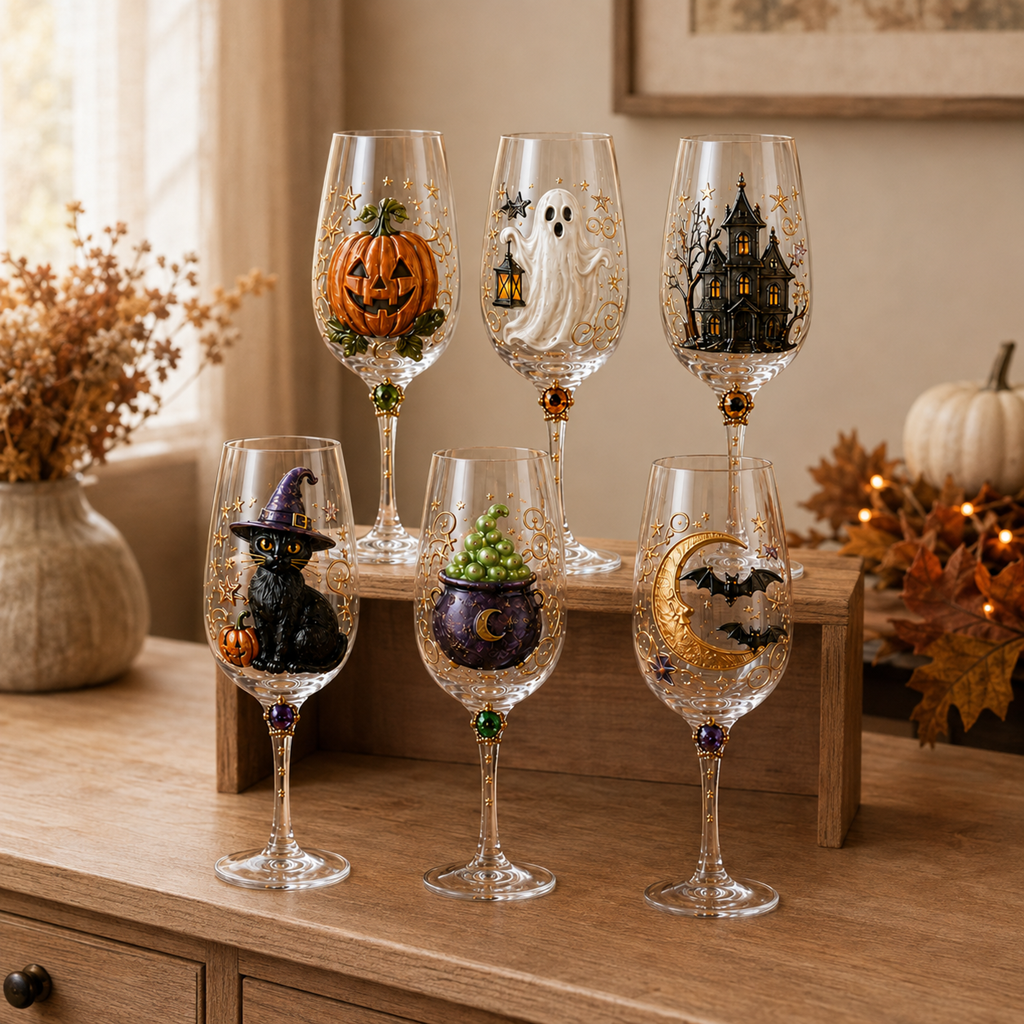🎃✨ Enchanted Halloween Wine Glass Collection – 6-Piece 3D Spooky Gift Box Set