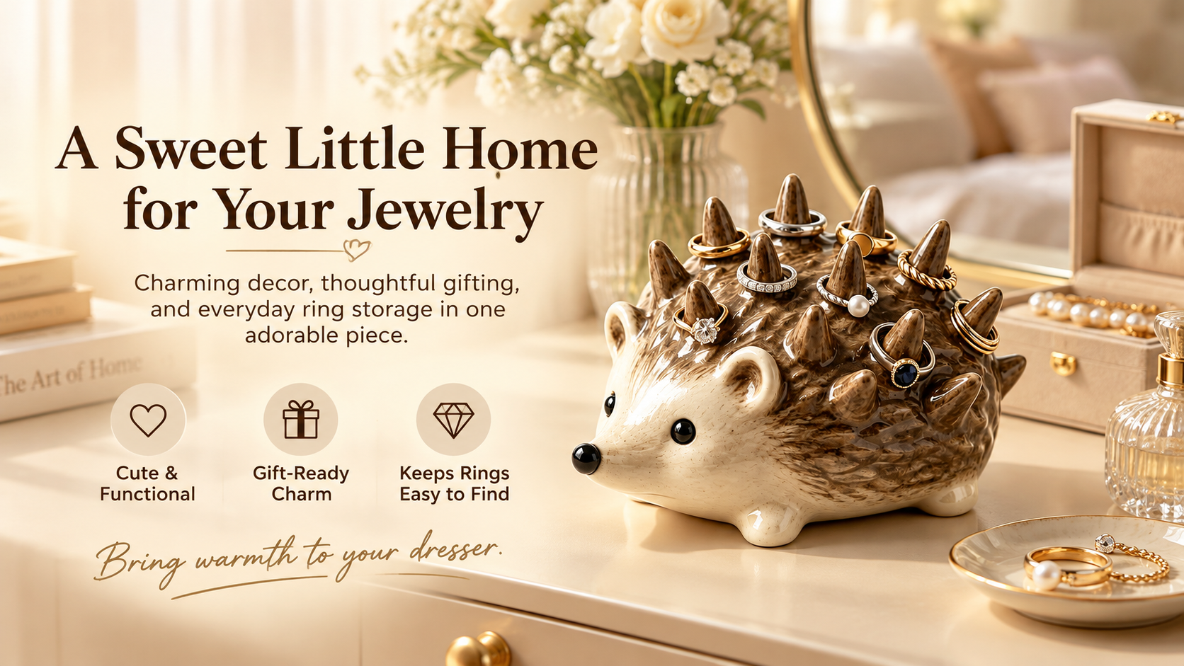 Hedgehog trinket organizer styled in a cozy home