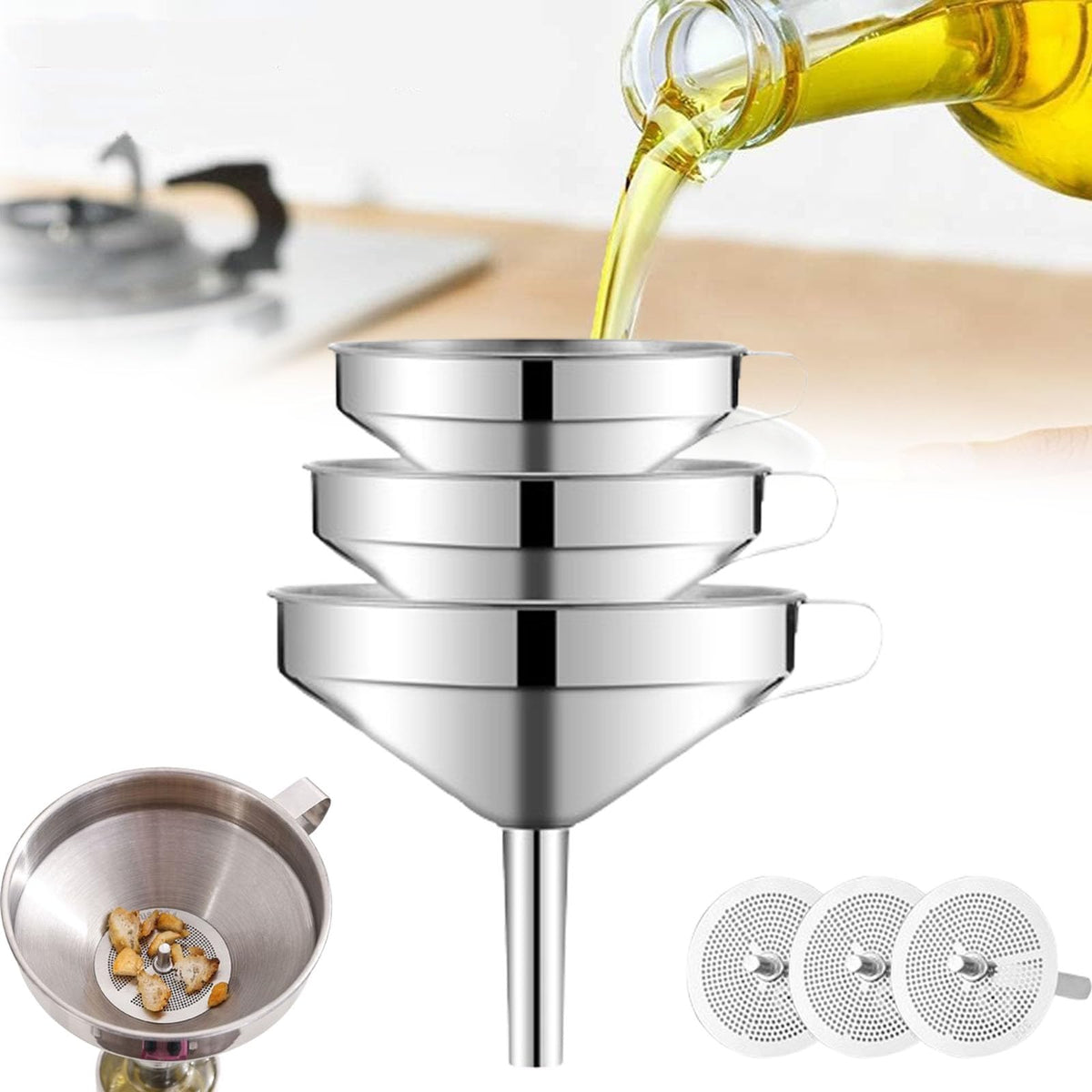 304 Stainless Steel Funnel 🍯 – Removable Strainer & Easy-Pour Handle