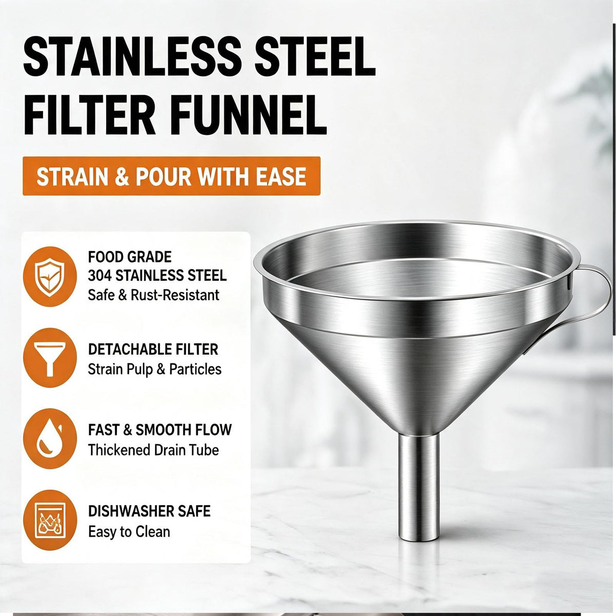304 Stainless Steel Funnel 🍯 – Removable Strainer & Easy-Pour Handle
