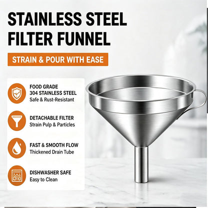 304 Stainless Steel Funnel 🍯 – Removable Strainer & Easy-Pour Handle