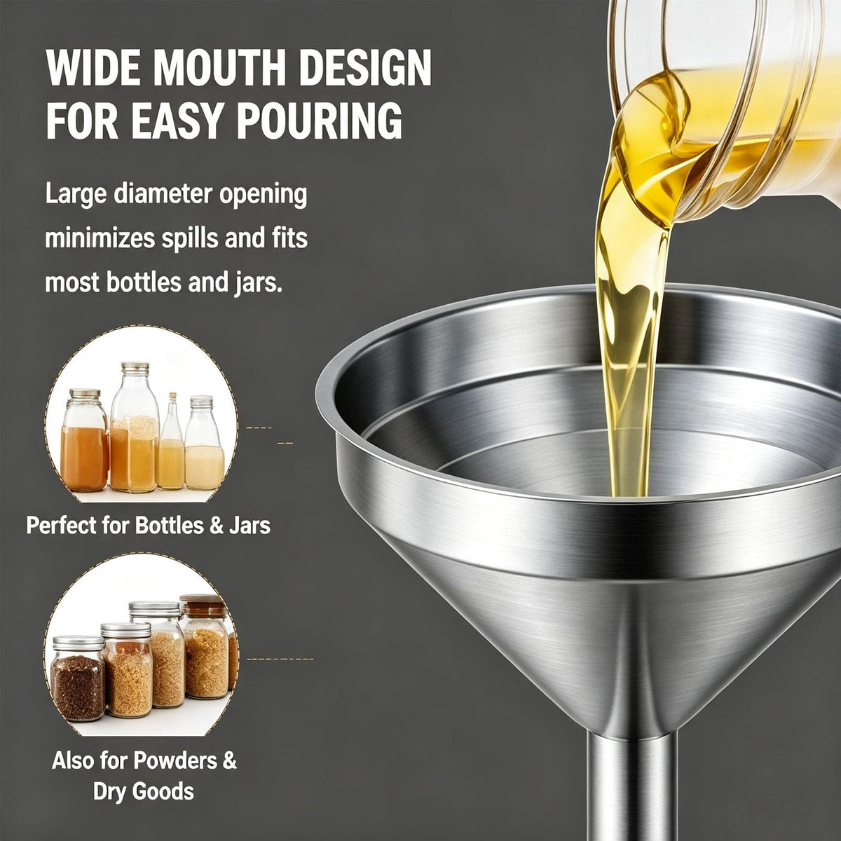 304 Stainless Steel Funnel 🍯 – Removable Strainer & Easy-Pour Handle