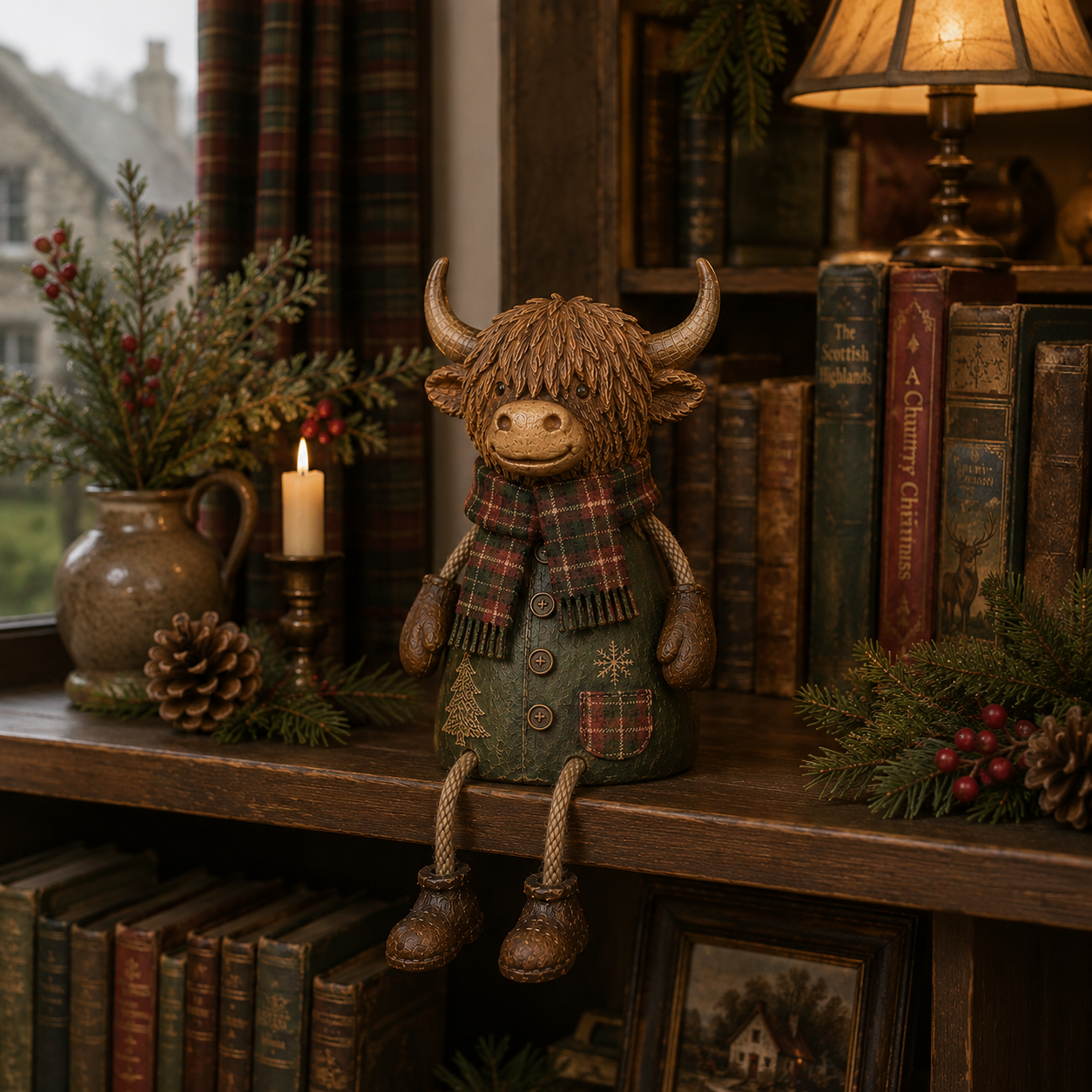 Festive Highland Cow Shelf Sitter displayed on a Christmas shelf