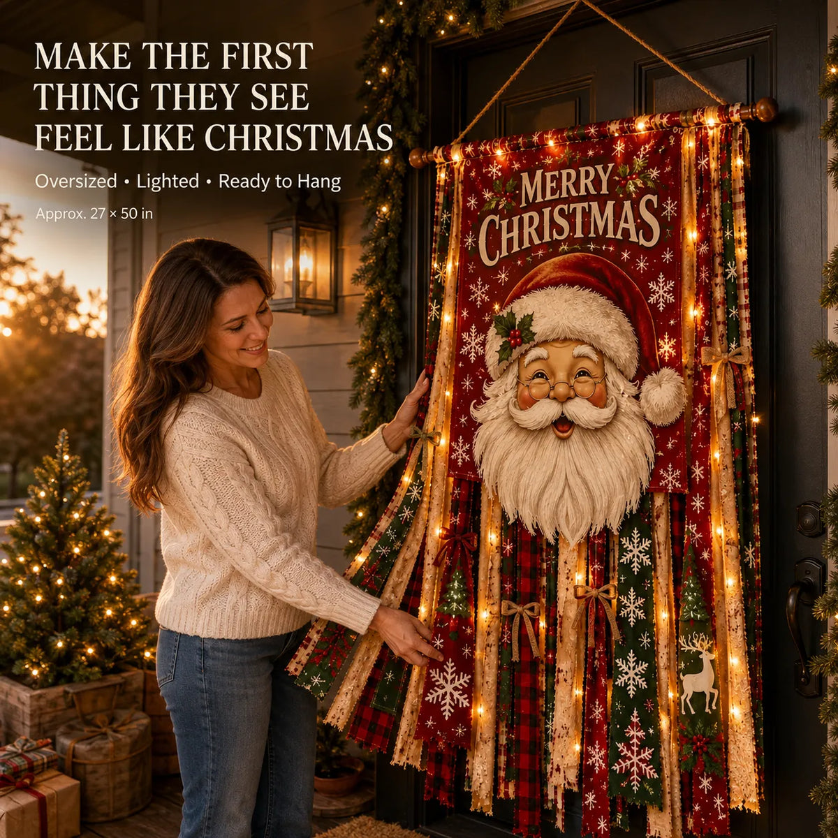 ⏳ Last Day 49% OFF – 🎄Oversized Lighted Christmas Door Hanging Decor Collection | 27 × 50 in Layered Fabric Design with Warm Lights & 5 Festive Character Styles ✨