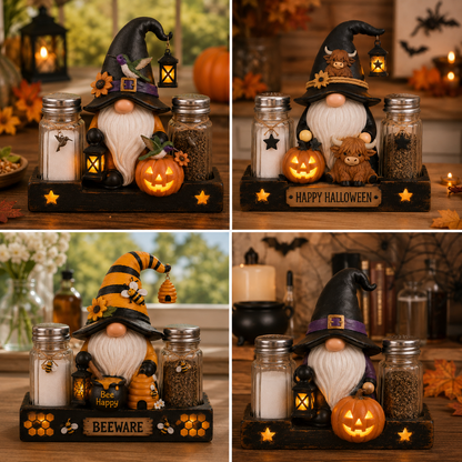 🎃 Glowing Halloween Gnome Salt & Pepper Holder Set – Includes 2 Glass Shakers