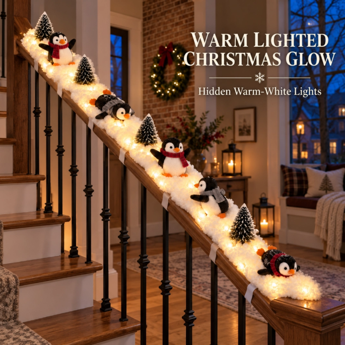 🐧 Penguin Christmas Stair Decor –❄️ Cozy Snowy Holiday Accent for Your Home